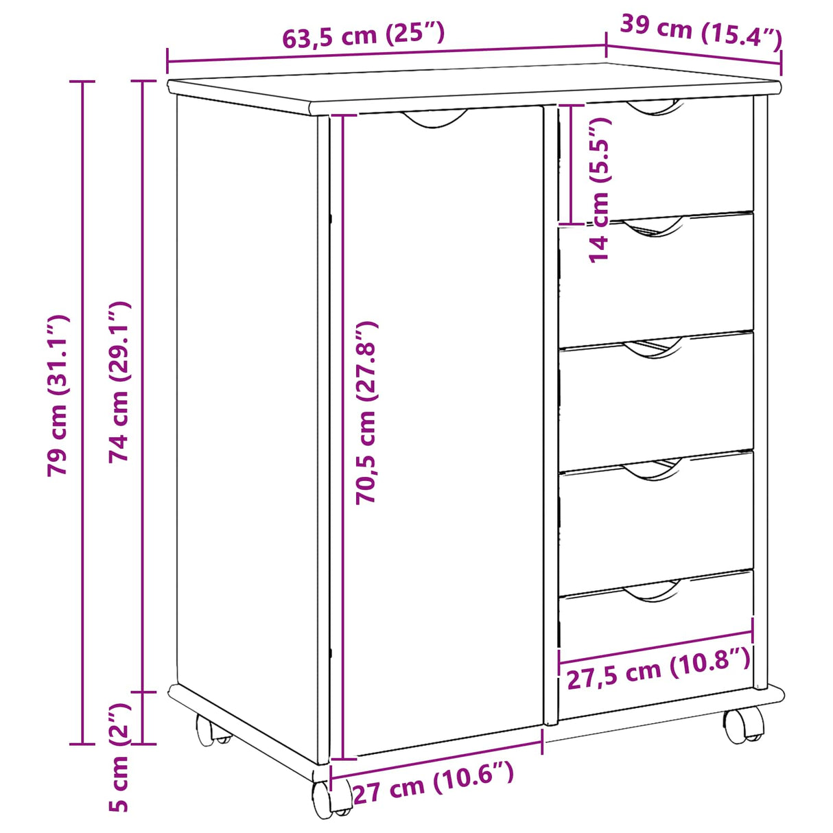 vidaXL Rolling Cabinet Honey Brown 63.5 x 39 x 79 cm Solid Pinewood