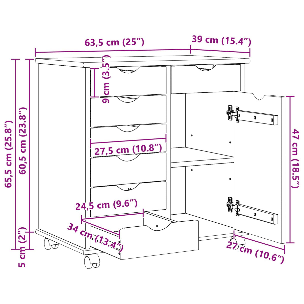 vidaXL Rollende kast met wiel Honing bruin 63,5 x 39 x 65,5 cm