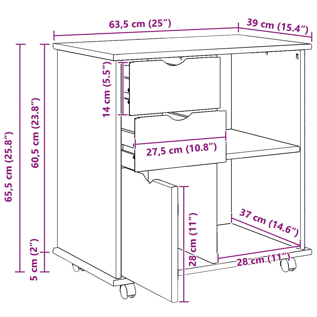 vidaXL Rollende kast met wiel Honing bruin 63,5 x 39 x 65,5 cm