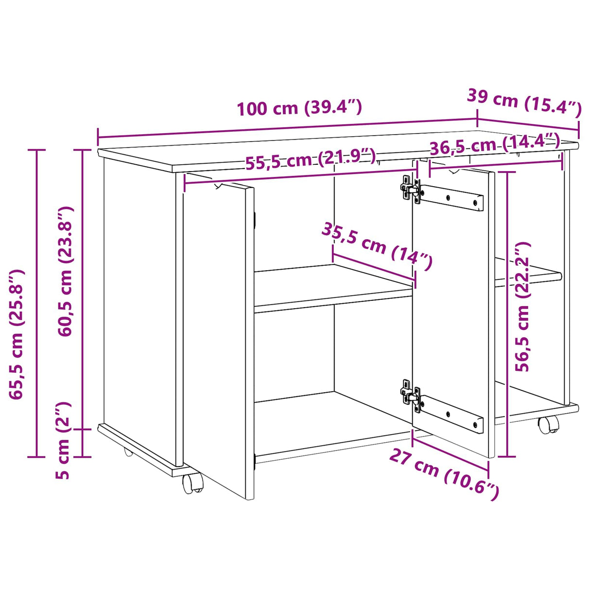 vidaXL Rollende kast Honing bruin 100 x 39 x 65,5 cm Massief vurenhout