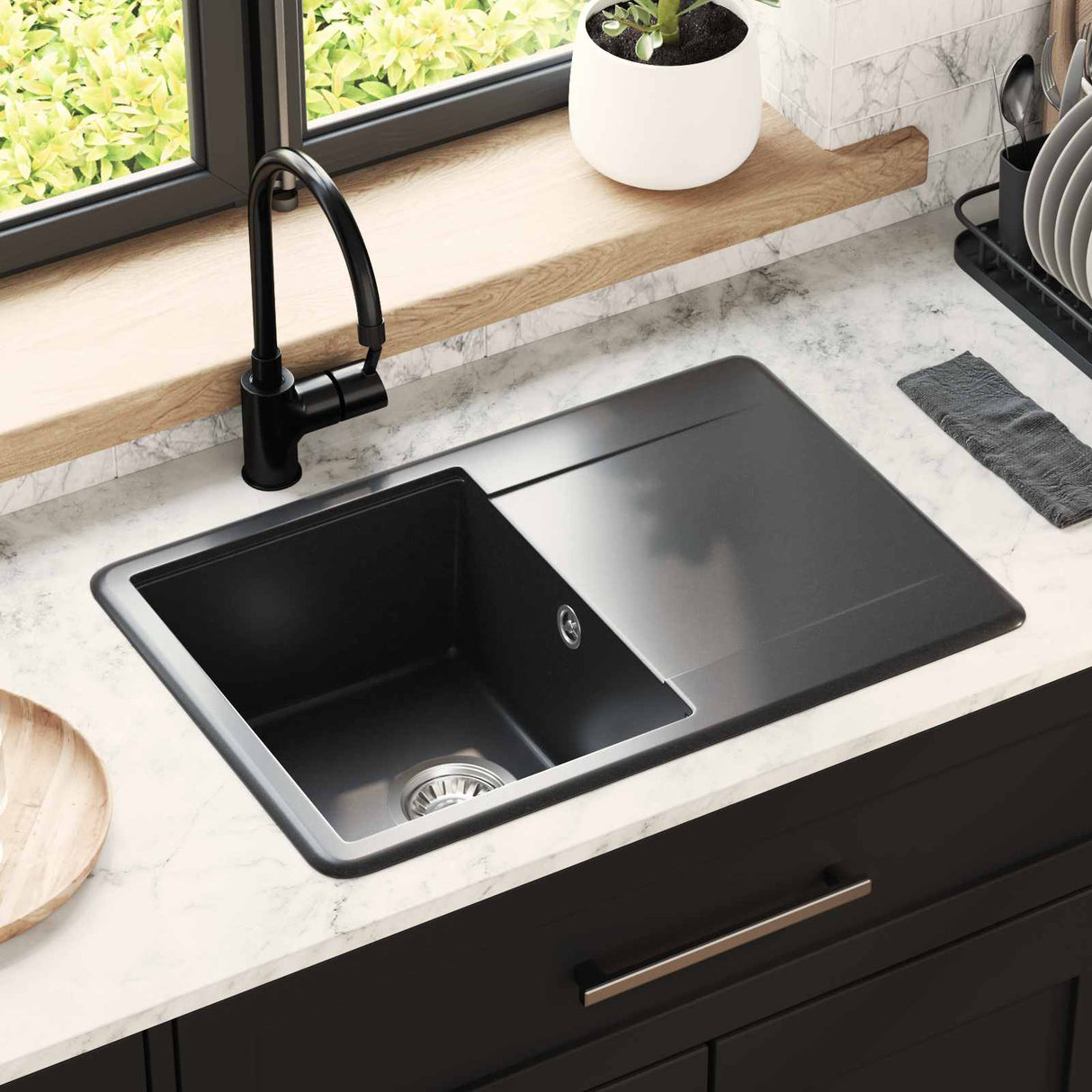 vidaXL Wasbak Zwart 470 x 440 mm Graniet