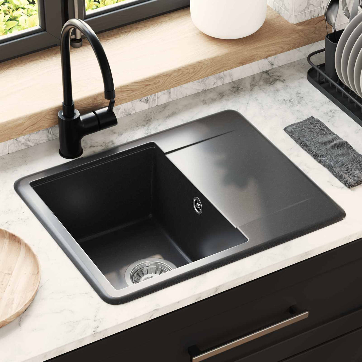 vidaXL Wasbak Zwart 470 x 440 mm Graniet