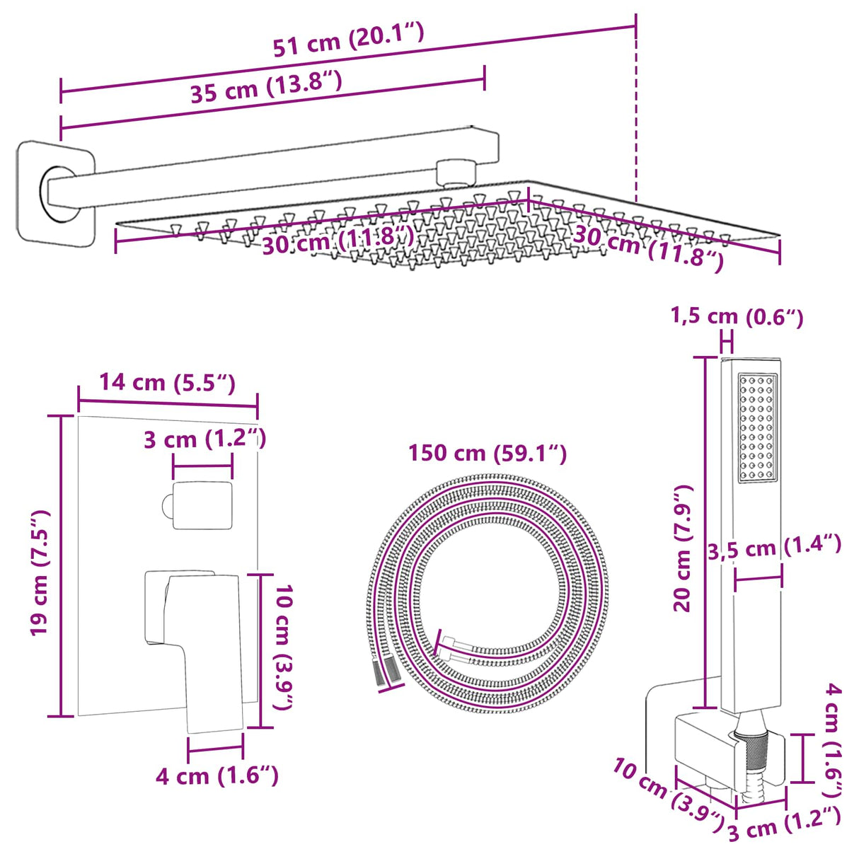 vidaXL Concealed Shower System (Square) silver Stainless steel 201