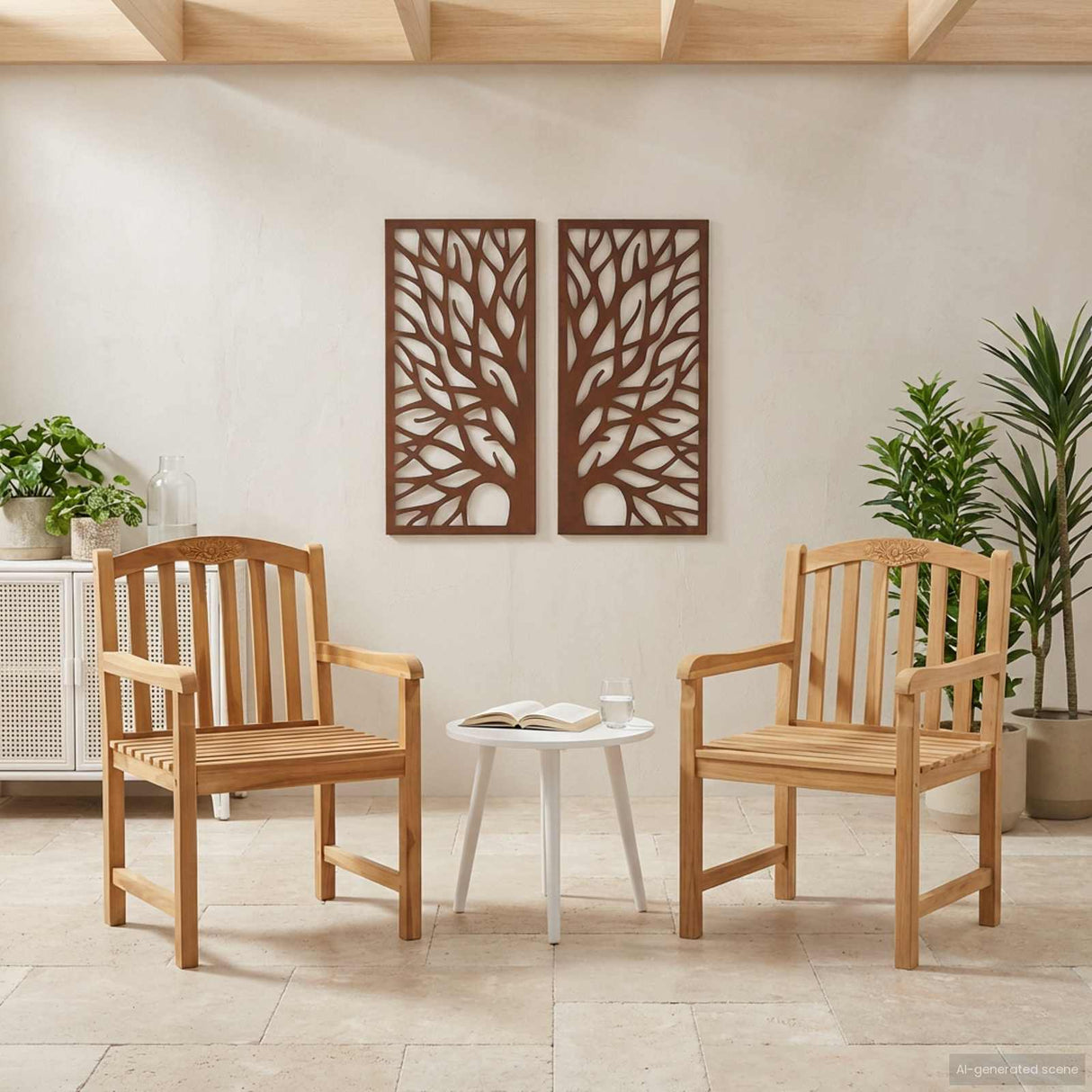 vidaXL Hand-Carved Rose Chair 2 pcs Natural Solid Teakwood