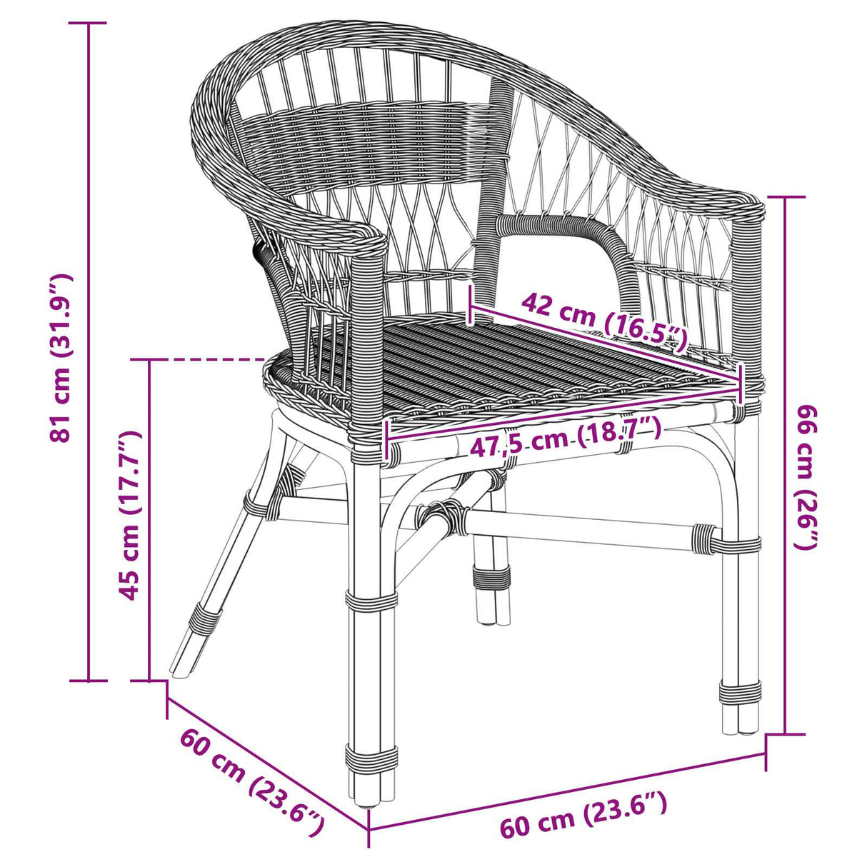 vidaXL Stapelstoel Naturel 60 x 60 x 81 cm Rattan