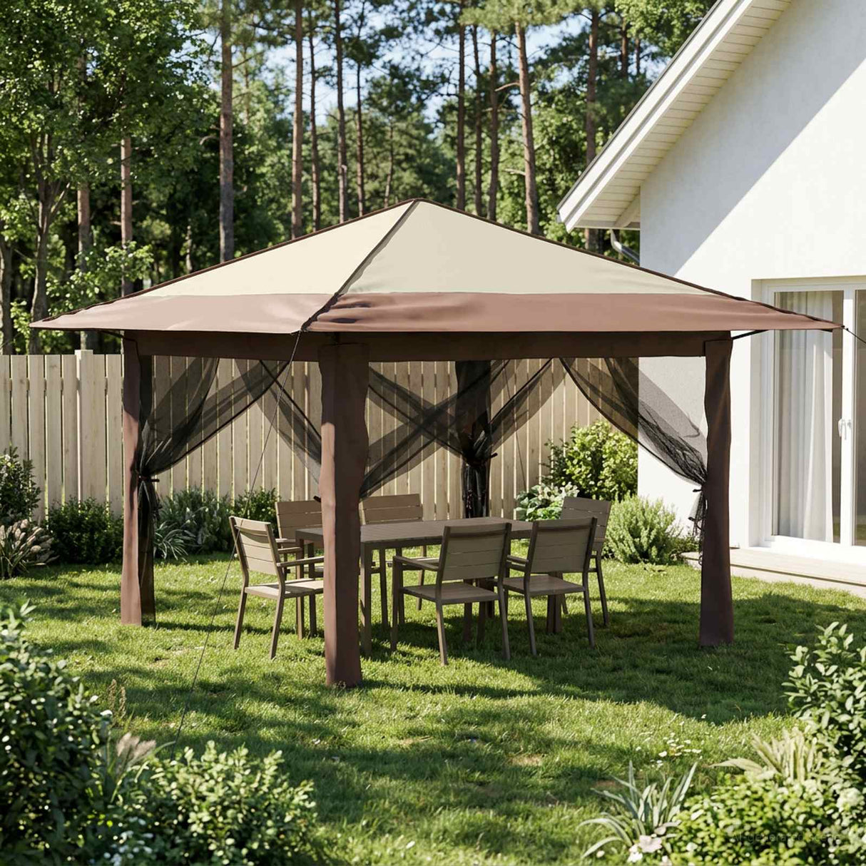 vidaXL Tuinpaviljoen met 4 Zijwanden 3,3 x 3,3 m Crème en bruin