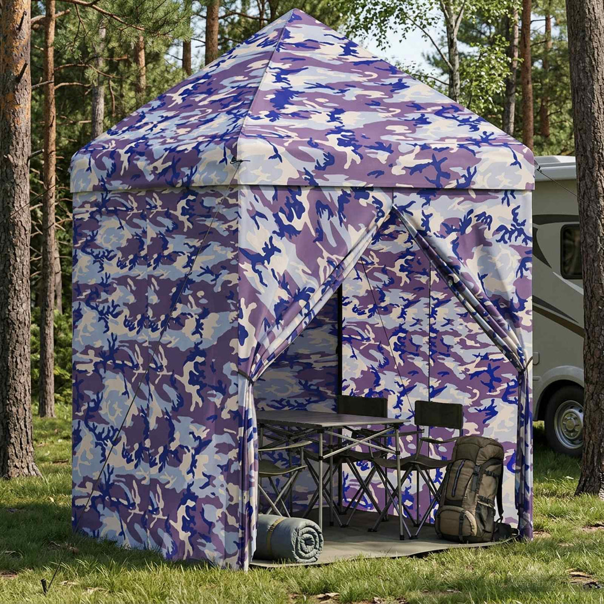 vidaXL Pop-up Gazebo with 4 Side Walls 2 x 2 m Blue Camouflage