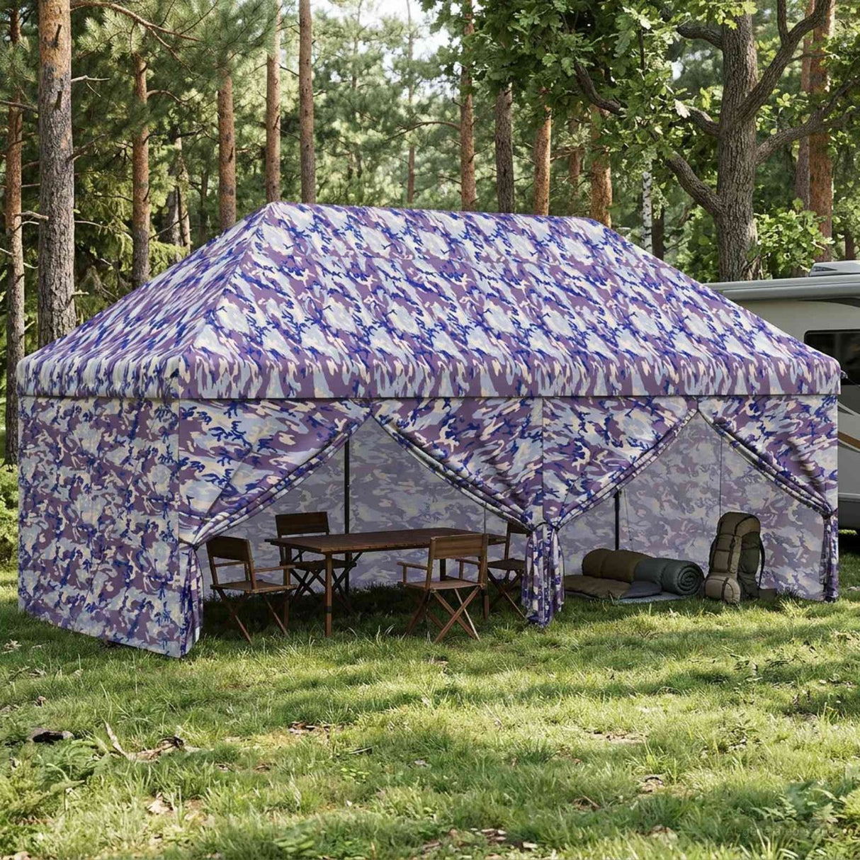 vidaXL Pop-up Gazebo with 4 Side Walls 2 x 2 m Blue Camouflage