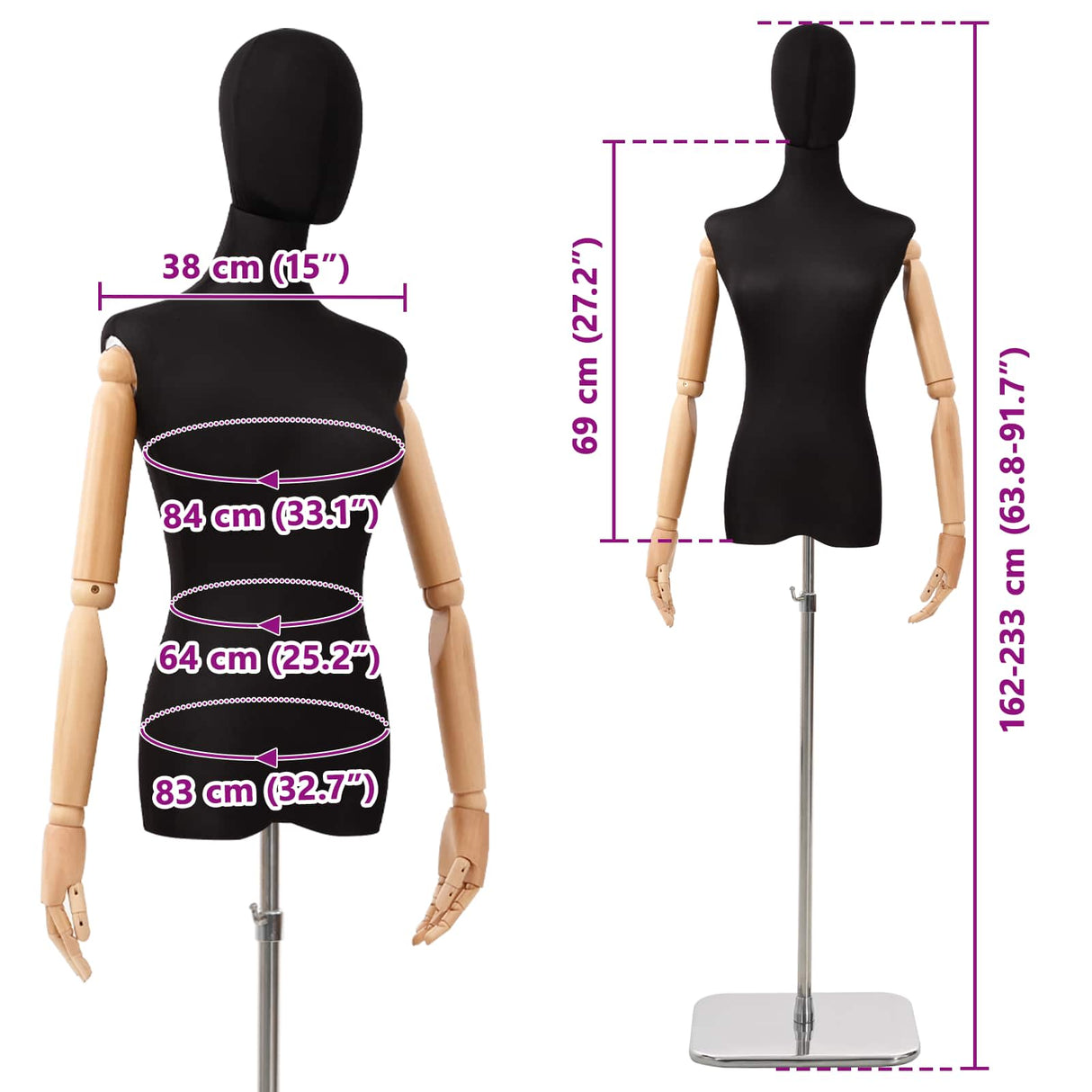 vidaXL Verstelbare mannequin 162-233 cm met hoofd en basis Vrouw PP