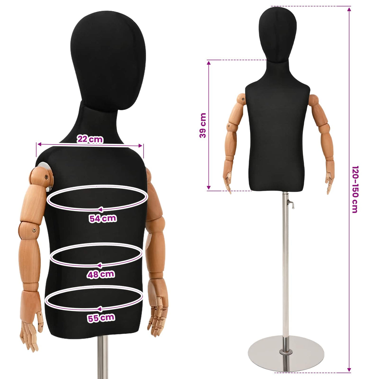 vidaXL Adjustable 120-150 cm Mannequin with Base Unisex PP White