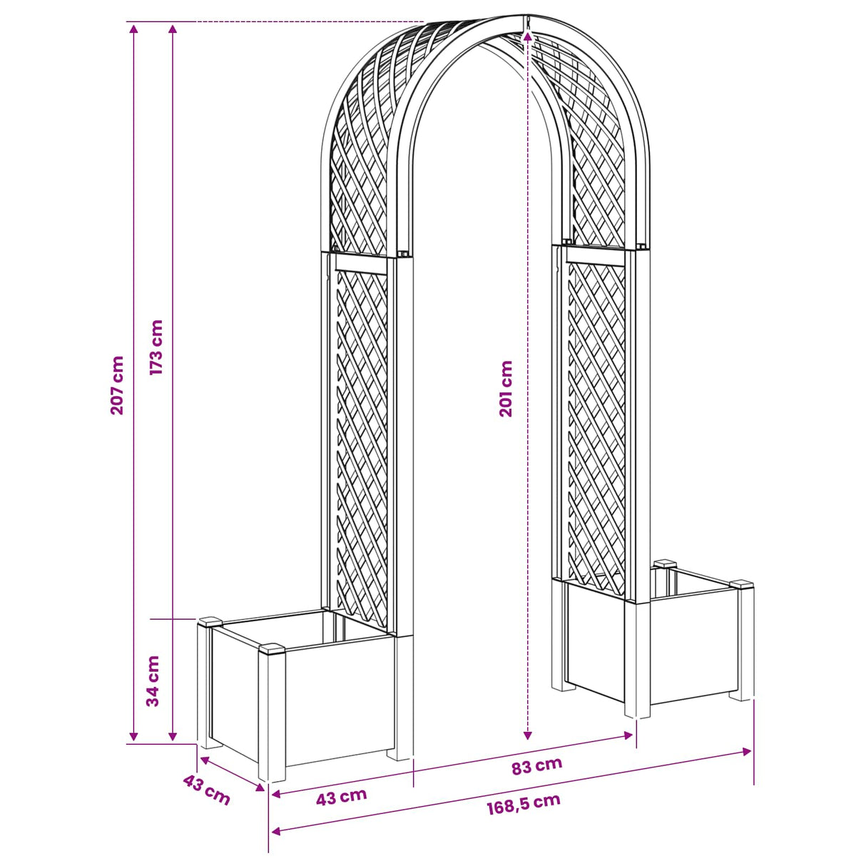 vidaXL Rozenboog met plantenbak Wit 168,5 x 43 x 207 cm PP