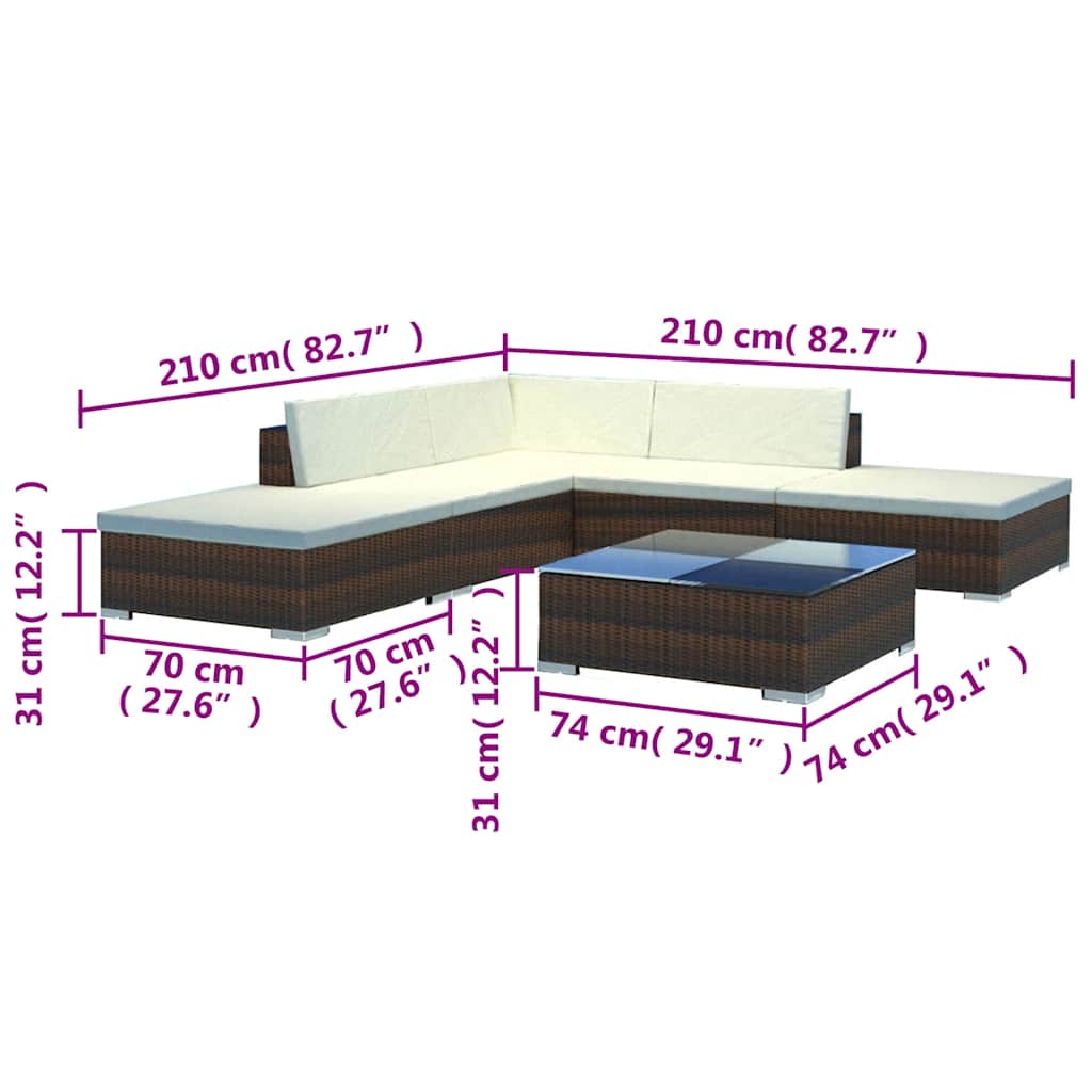 vidaXL 6-delige Loungeset met kussens poly rattan bruin