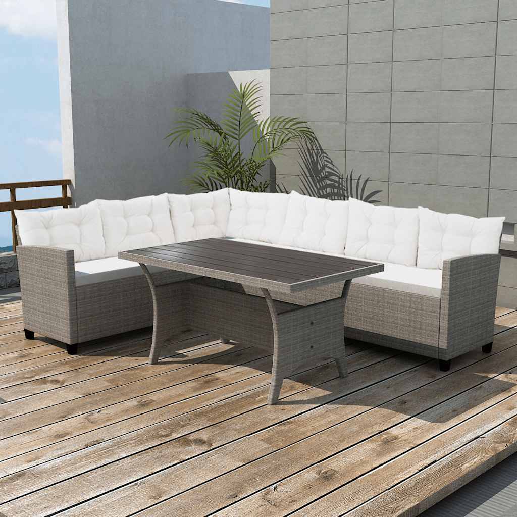 vidaXL 3-delige Loungeset met kussens poly rattan grijs