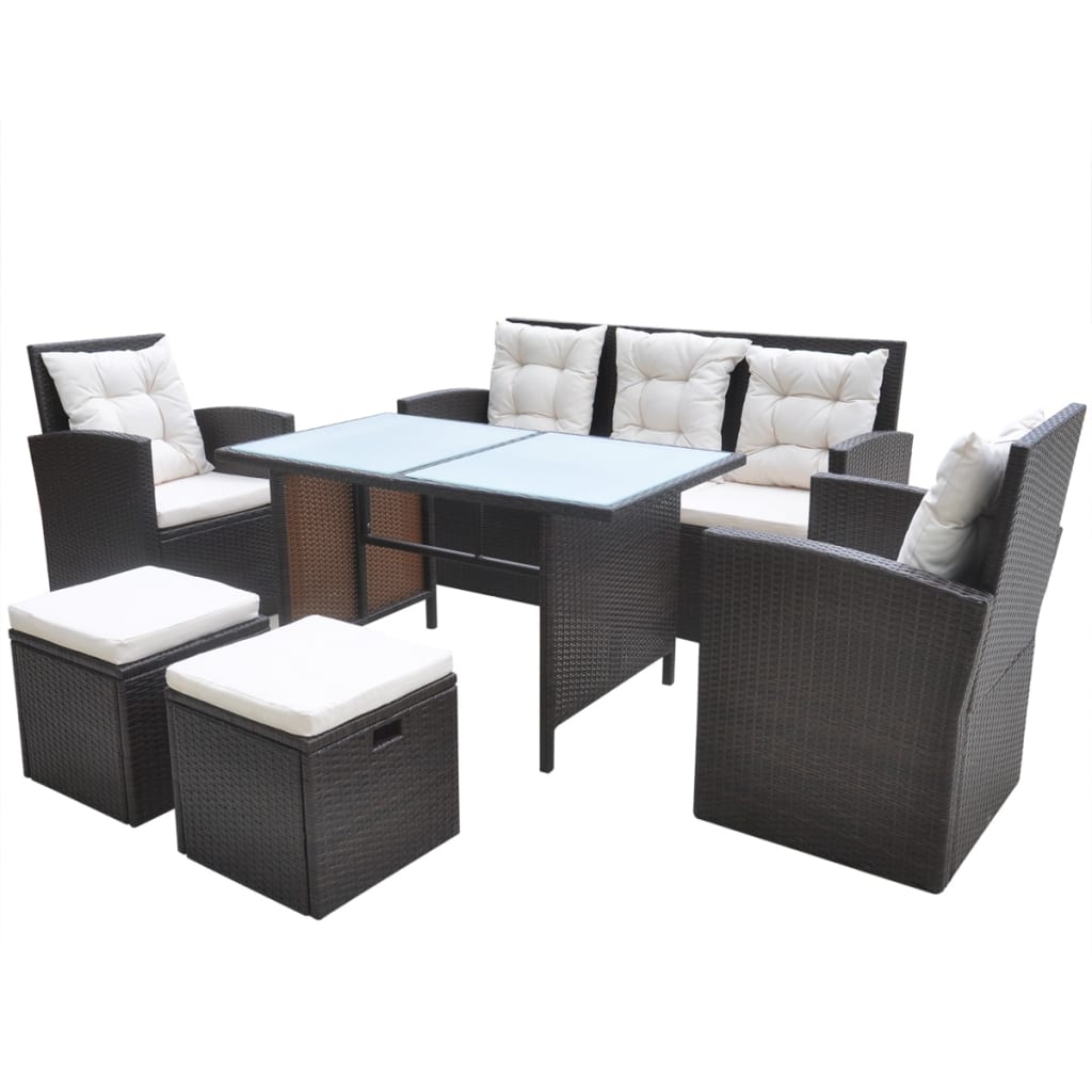 vidaXL 6-delige Tuinset met kussens poly rattan zwart