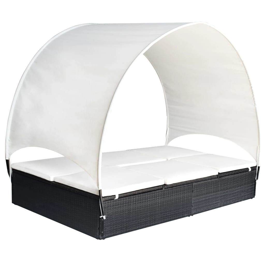 vidaXL Sun Lounger Double with Canopy Poly Rattan Brown