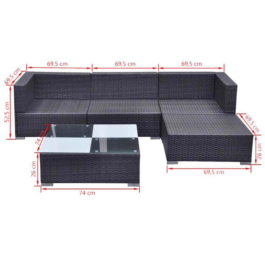 vidaXL 5-delige Loungeset met kussens poly rattan zwart