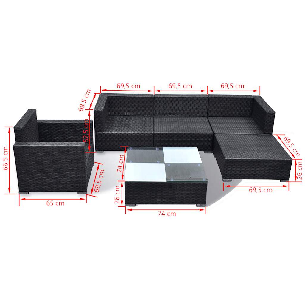 vidaXL 6-delige Loungeset met kussens poly rattan grijs