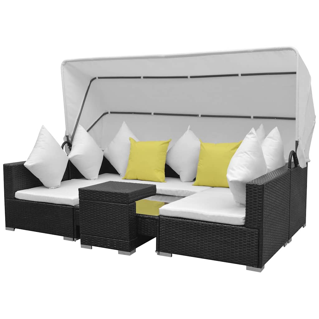 vidaXL 7-delige Loungeset met luifel poly rattan zwart