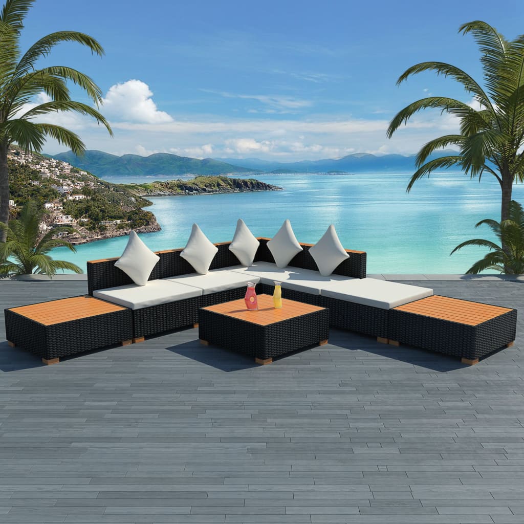 vidaXL 7-delige Loungeset met kussens poly rattan zwart