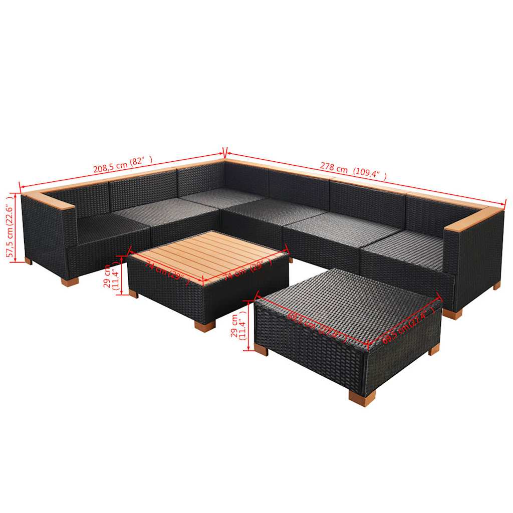 vidaXL 7-delige Loungeset met kussens poly rattan zwart