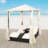 vidaXL Sun Lounger Double with Curtains Poly Rattan Brown