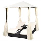 vidaXL Sun Lounger Double with Curtains Poly Rattan Brown