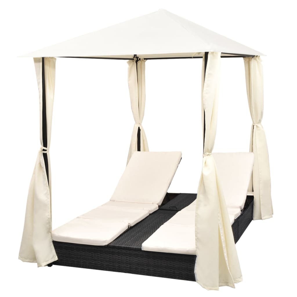 vidaXL Sun Lounger Double with Curtains Poly Rattan Brown