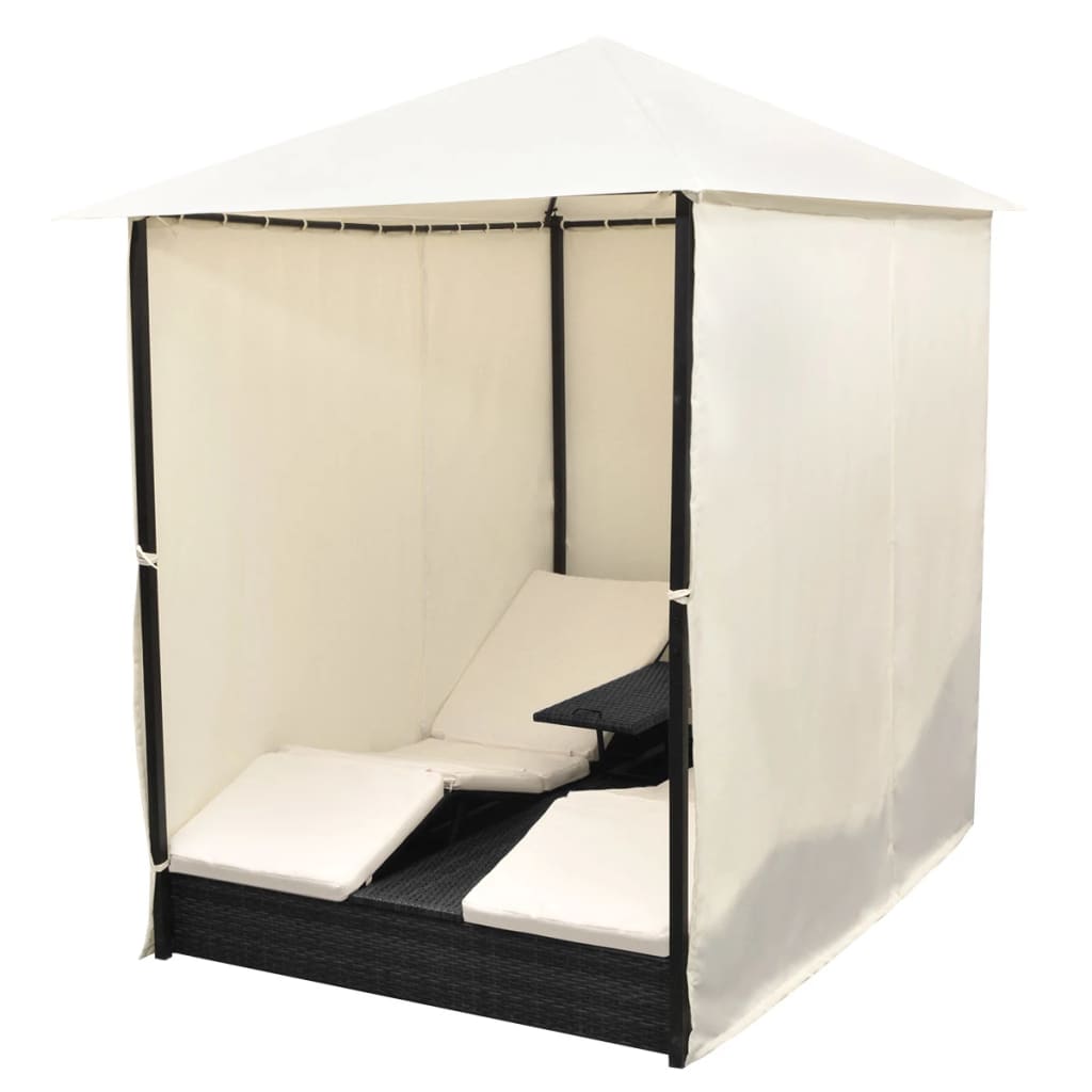 vidaXL Sun Lounger Double with Curtains Poly Rattan Brown