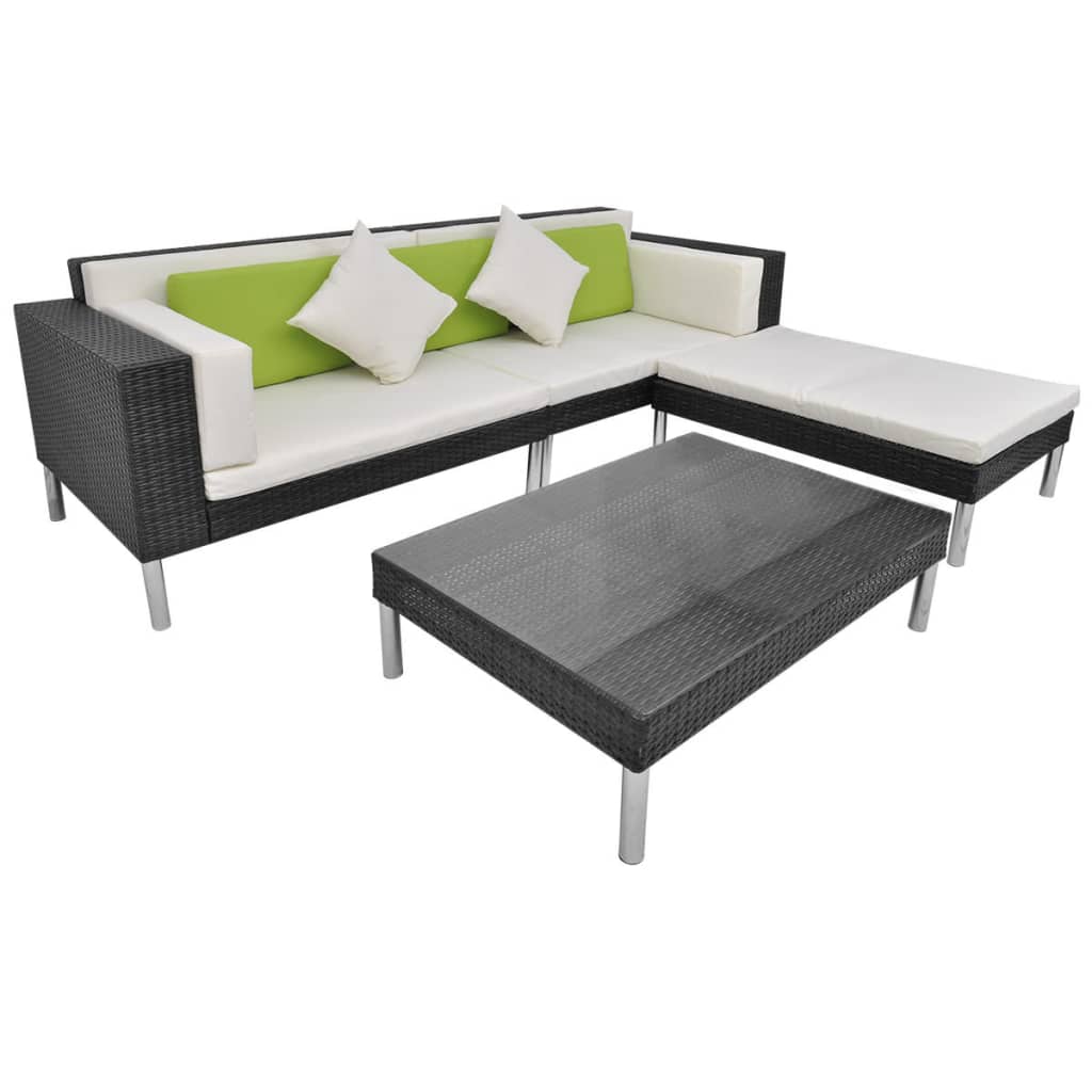 vidaXL 4-delige Loungeset met kussens poly rattan zwart