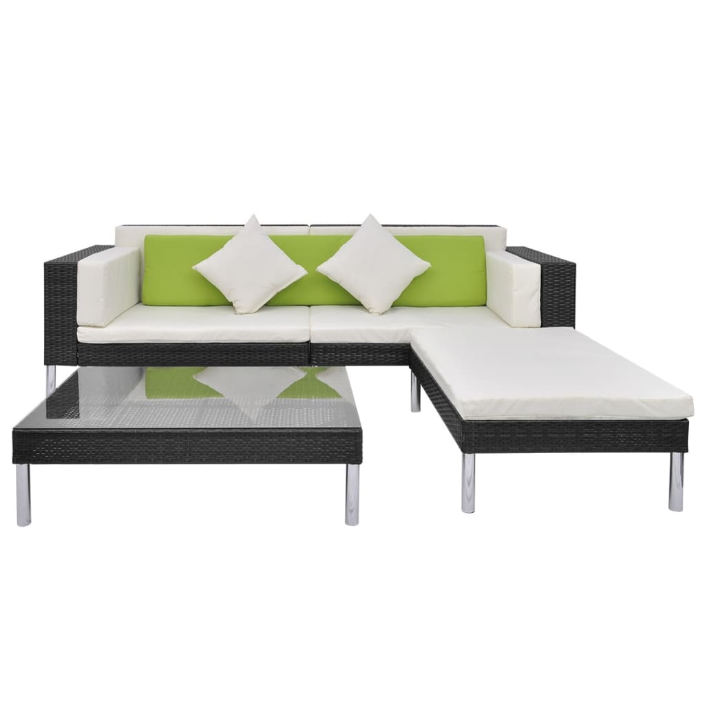 vidaXL 4-delige Loungeset met kussens poly rattan zwart