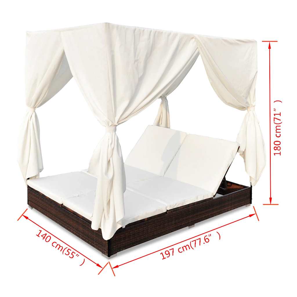 vidaXL Loungebed met gordijnen poly rattan bruin