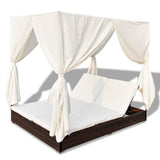 vidaXL Loungebed met gordijnen poly rattan bruin