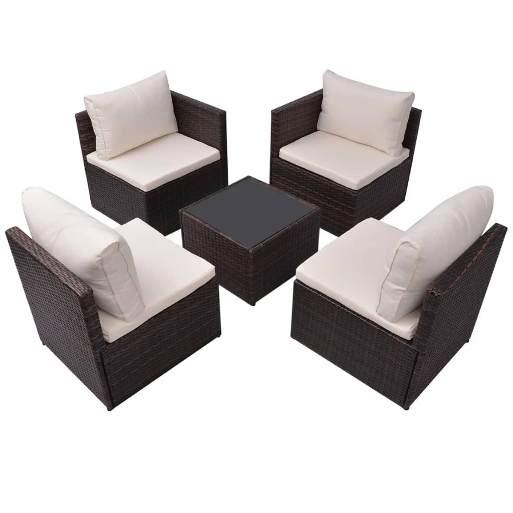 vidaXL 5-delige Loungeset met kussens poly rattan bruin