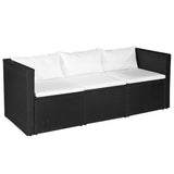 vidaXL Tuinbank 3-zits zwart poly rattan met witte kussens