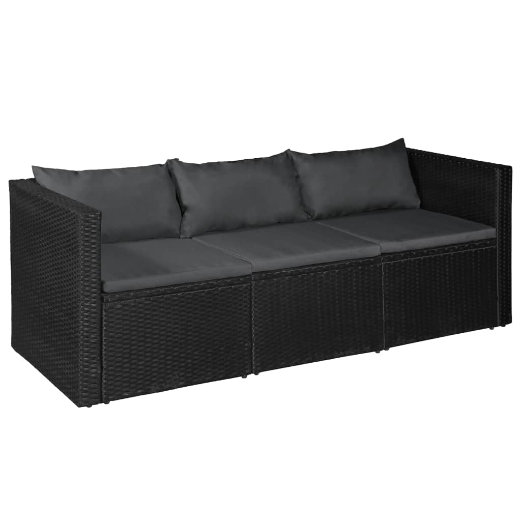 vidaXL Tuinbank 3-zits zwart poly rattan met witte kussens