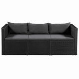 vidaXL Tuinbank 3-zits zwart poly rattan met witte kussens