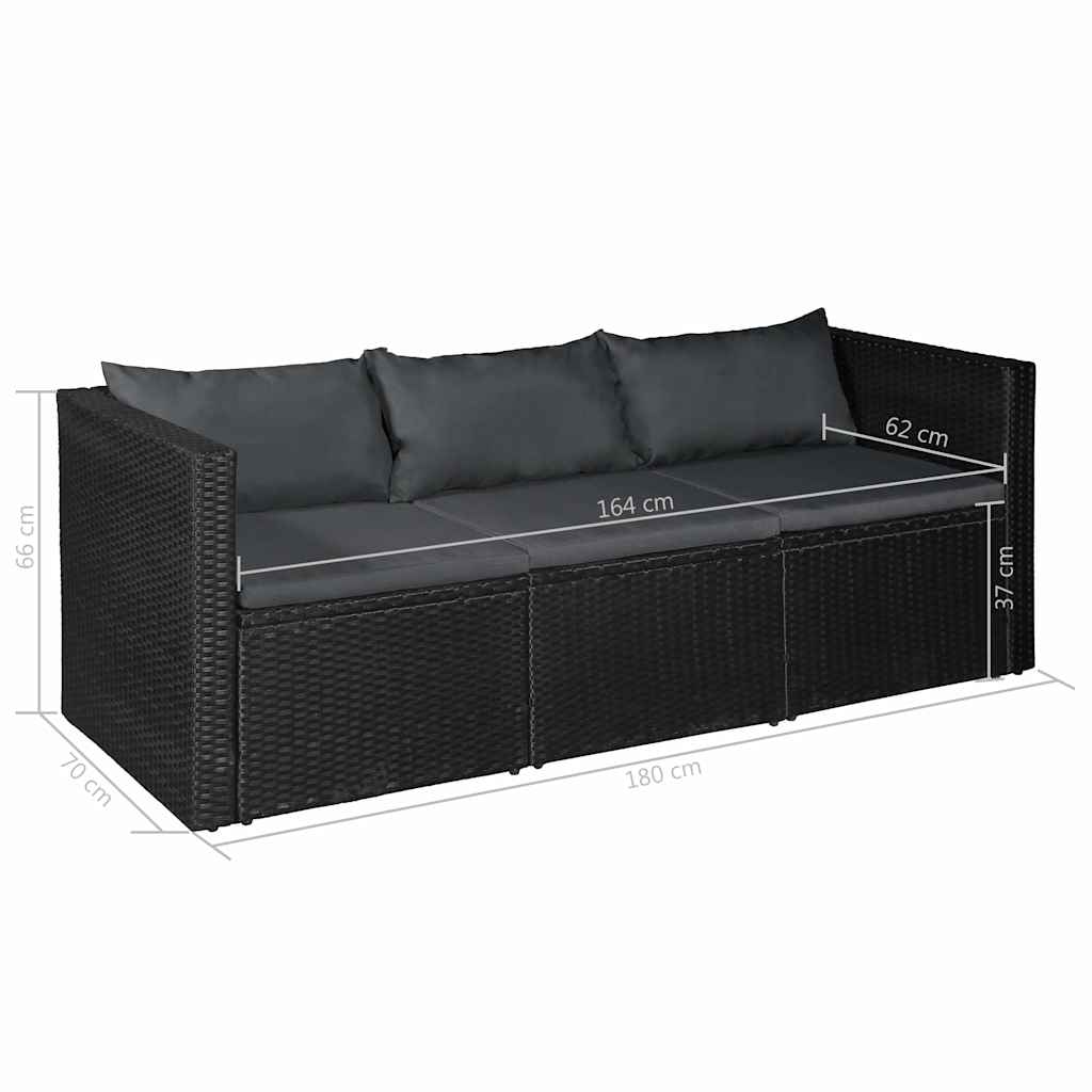 vidaXL Tuinbank 3-zits zwart poly rattan met witte kussens