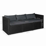vidaXL Tuinbank 3-zits zwart poly rattan met witte kussens