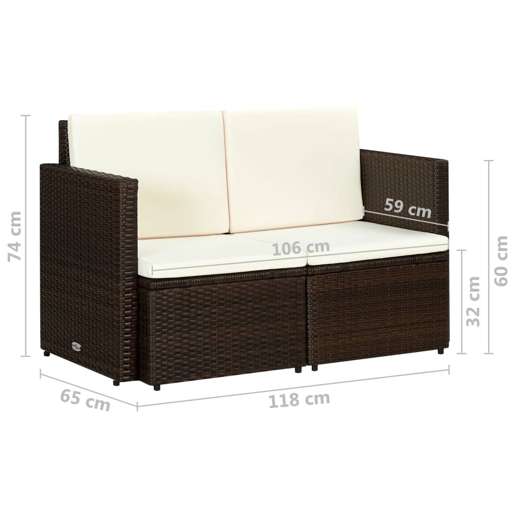 vidaXL Tuinbank 2-zits met kussens poly rattan bruin