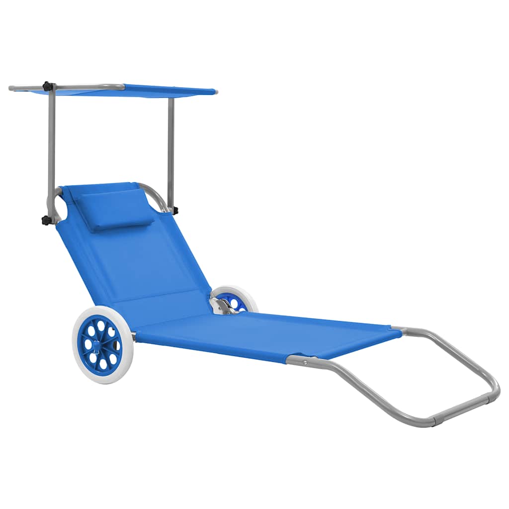 vidaXL Foldable Sun Lounger with Canopy and Wheels Steel Blue