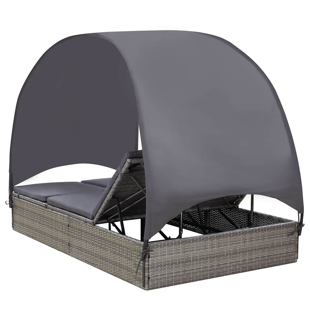 vidaXL Sun Lounger Double with Canopy Poly Rattan Brown