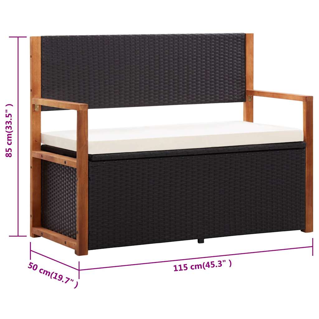 vidaXL Opbergbankje 115 cm poly rattan en massief acaciahout zwart