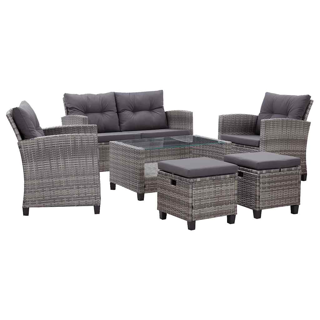 vidaXL 6-delige Loungeset met kussens poly rattan donkergrijs