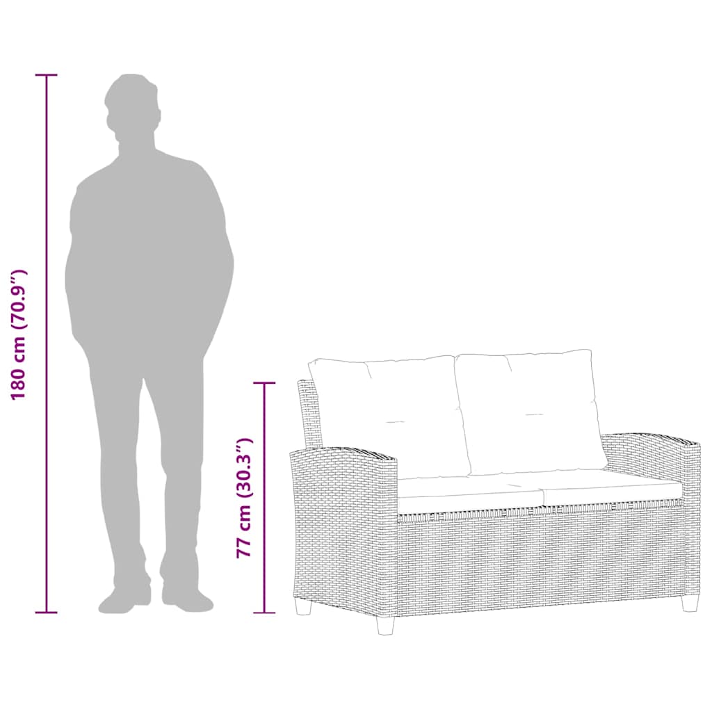 vidaXL Tuinbank 2-zits met kussens 124 cm poly rattan grijs