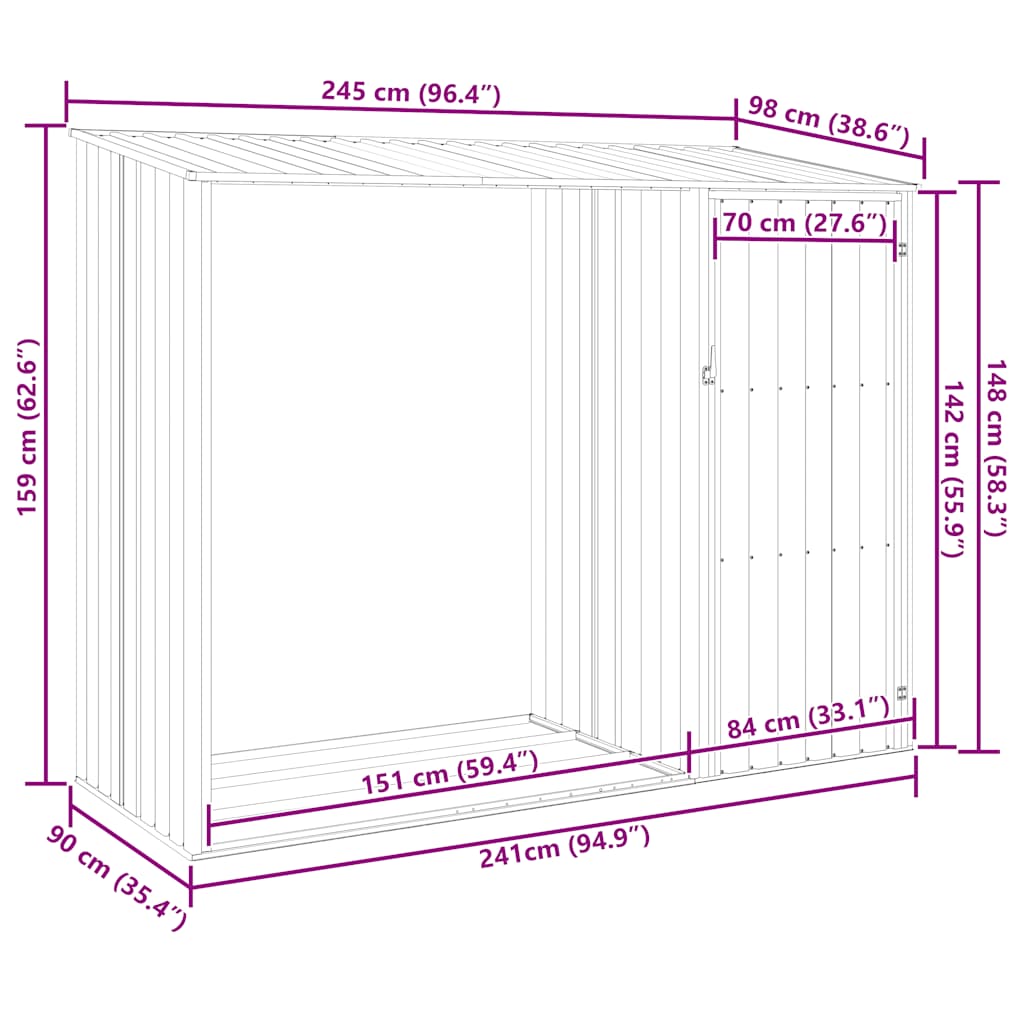 vidaXL Brandhoutschuur 245x98x159 cm gegalvaniseerd staal groen