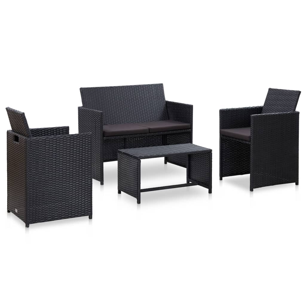 vidaXL 4-delige Loungeset met kussens poly rattan zwart