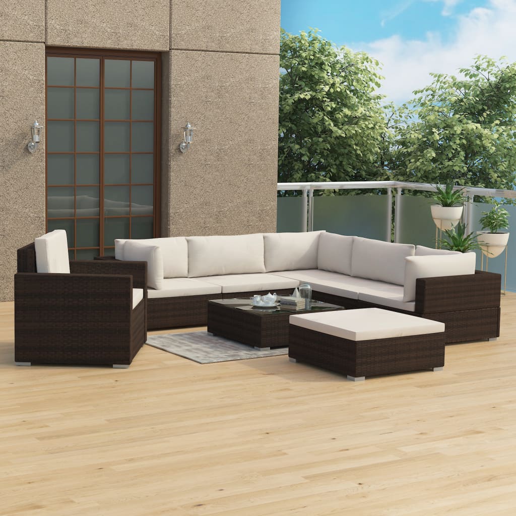 vidaXL 8-Piece Poly Rattan Lounge Set with Cushions Brown