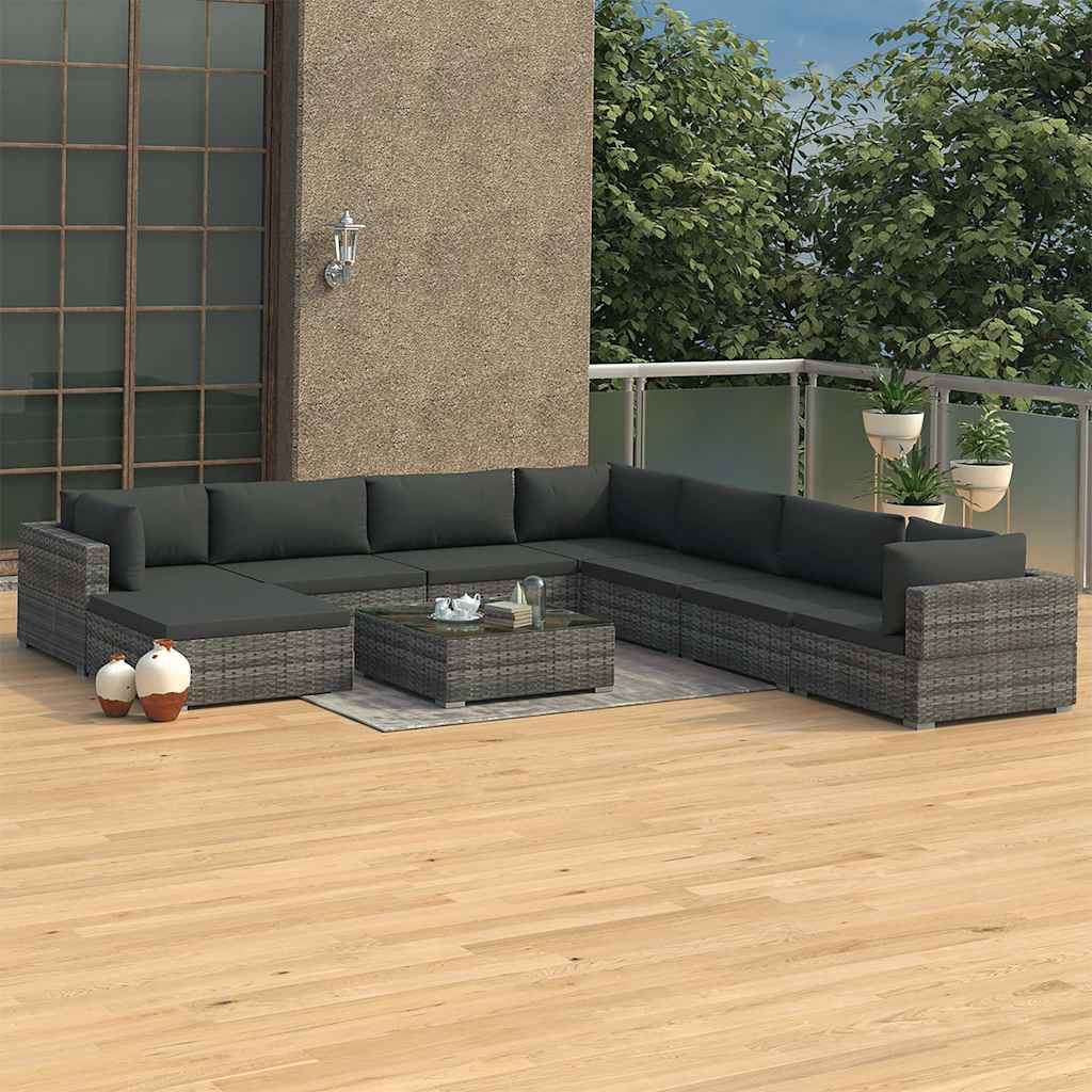 vidaXL 9-delige Loungeset met kussens poly rattan grijs