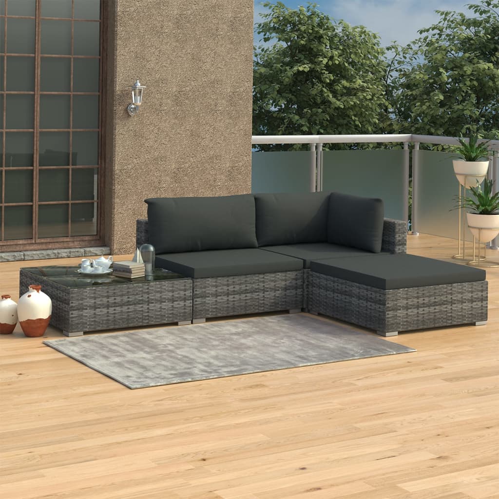 vidaXL 4-delige Loungeset met kussens poly rattan bruin