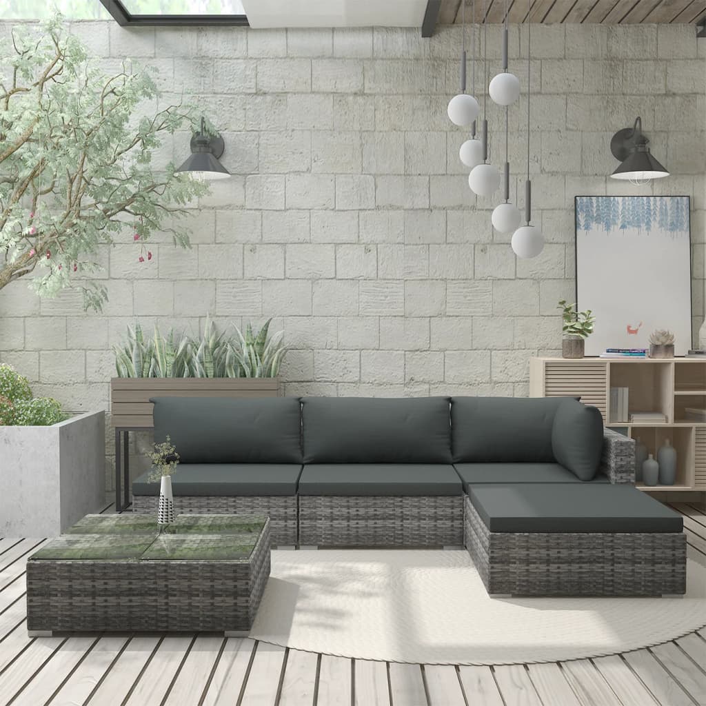 vidaXL 5-Piece Lounge Set with Cushions Poly Rattan Black